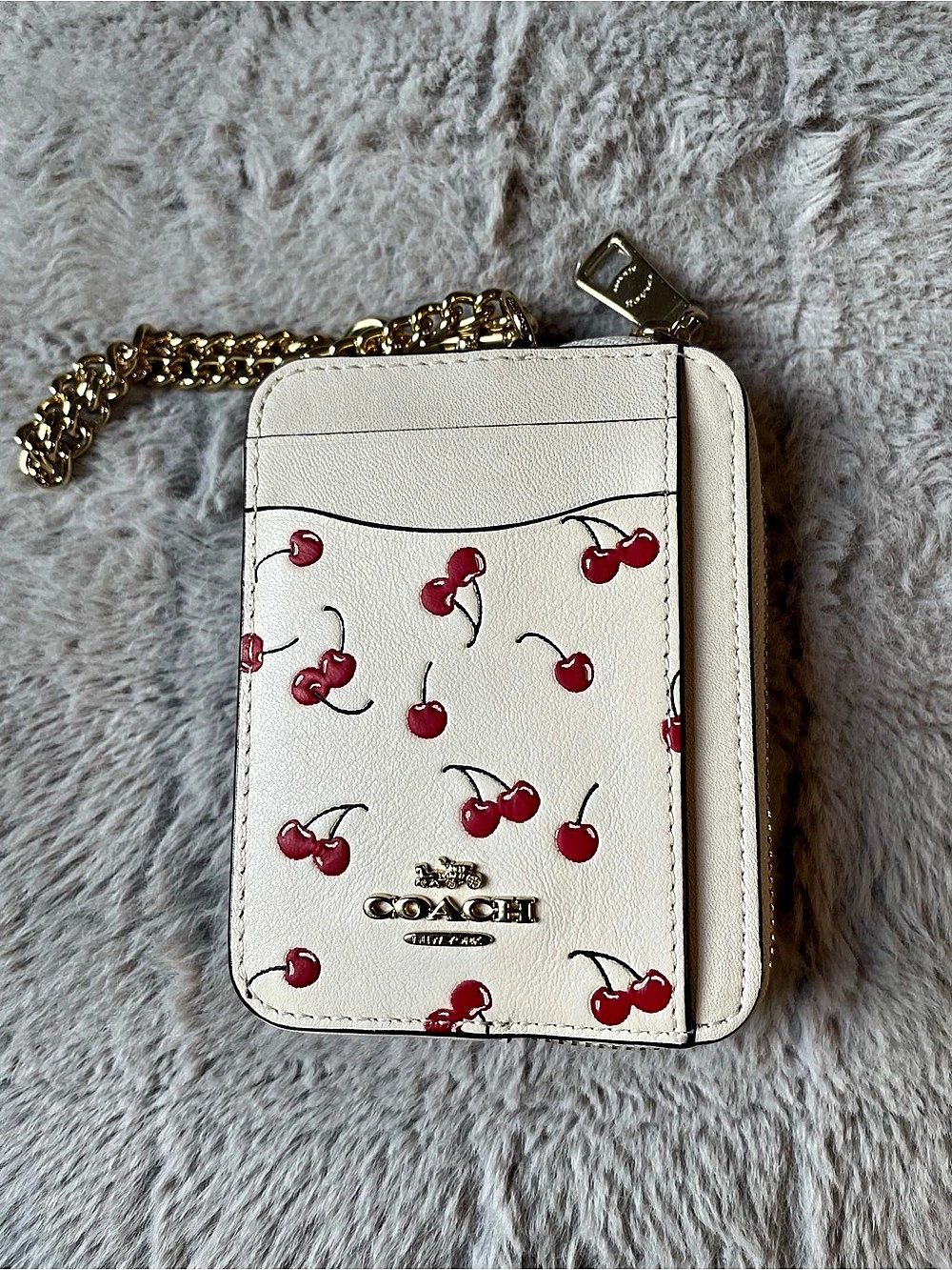 Coach Zip Card Case With Cherry Print in White & Red